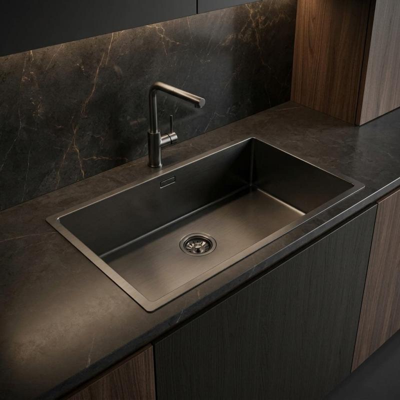 Pure.Sink Comfort grote PVD Gun metal spoelbak 70x40 cm 10mm radius onderbouw, vlakinbouw en opbouw PCM7040-61